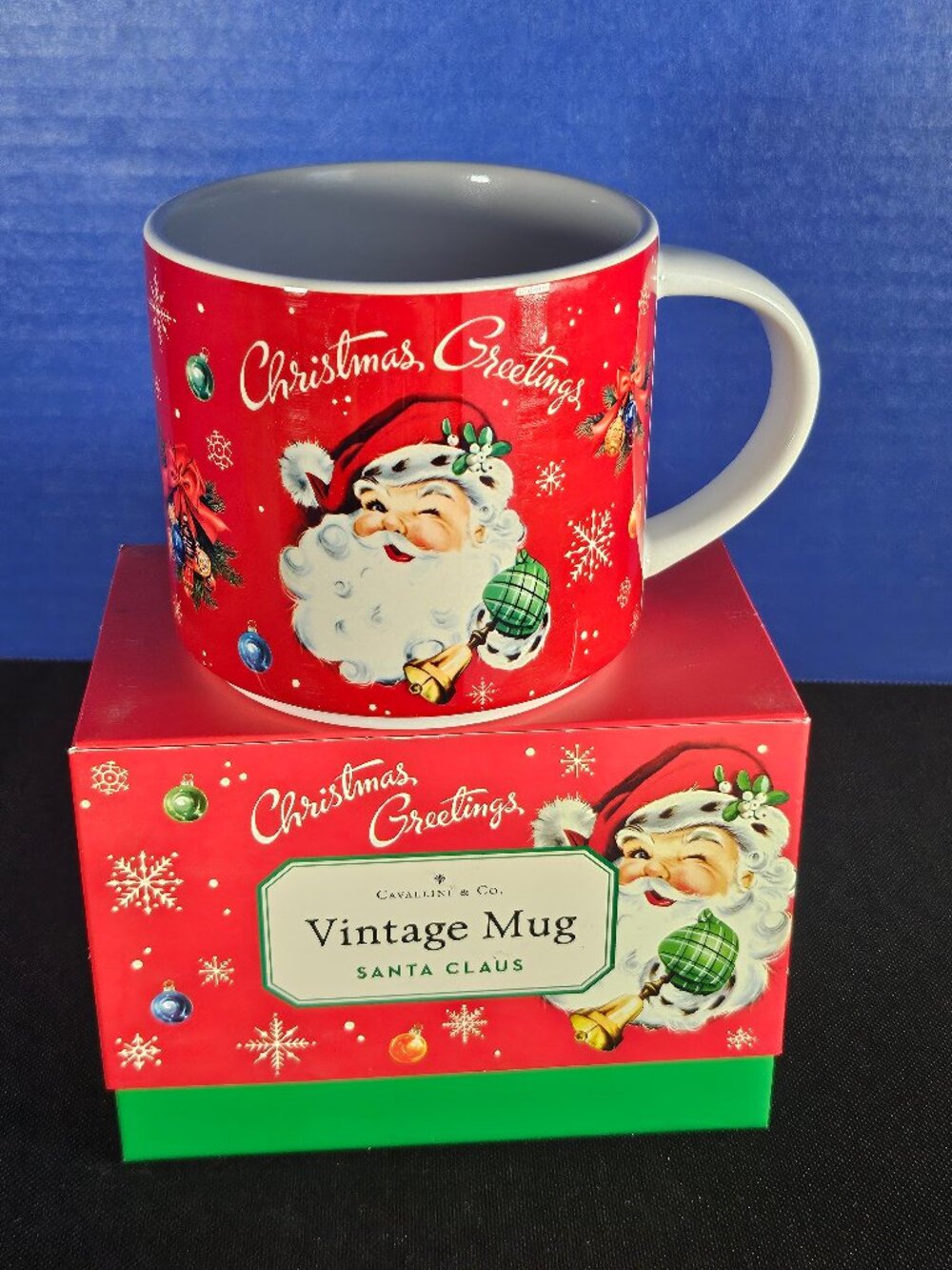 Cavallini & Co. Santa Claus Vintage Mug Christmas Greetings NIB Gift Collectible